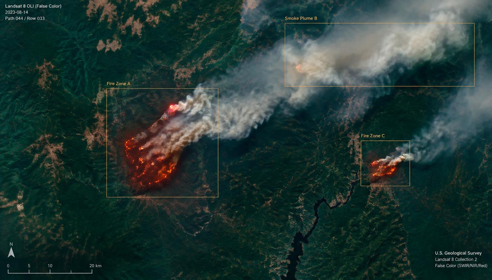 Illustrative false-color satellite scene: a large fire labeled Fire Zone A at lower left, a smaller Fire Zone C at lower right, and Smoke Plume B across the upper right.